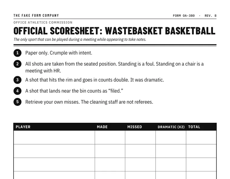 Preview of the Wastebasket Basketball scoresheet with five rules and a scoring table